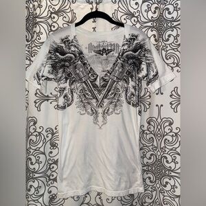 Affliction Graphic Sparkly White V-Neck T-Shirt